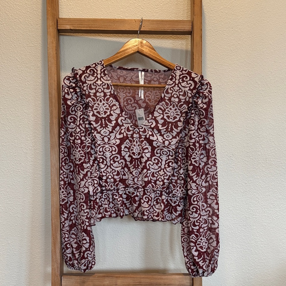 Anthropologie Burgundy and White Floral Print V-Neck Blouse